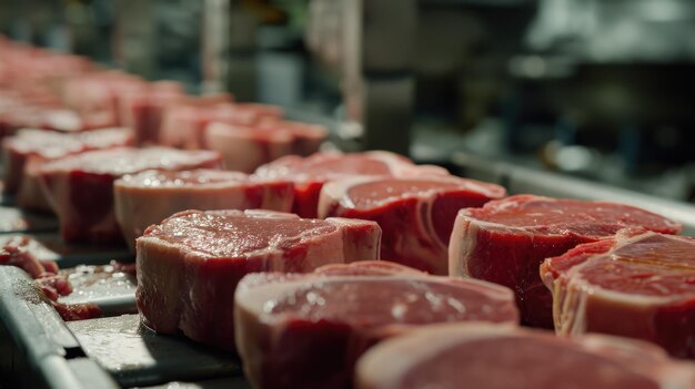 Photo row of meat on conveyor belt