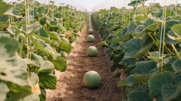 A row of melons in a row on a farm