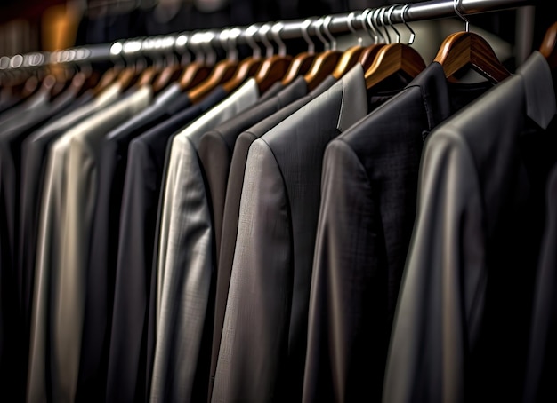 Row of men's suit jackets hanging in closet created with Generative AI technology