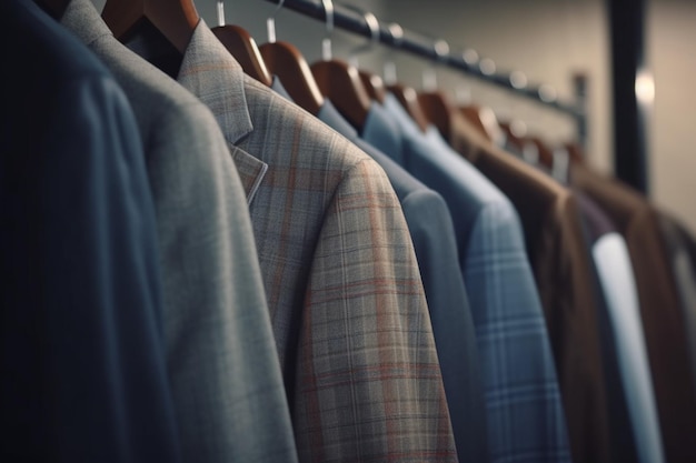 A row of men's suits are hanging on a rack.