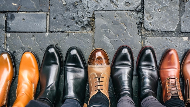 A row of mens business shoes lined up neatly against a wall in a symmetrical fashion creating a sense of uniformity and order