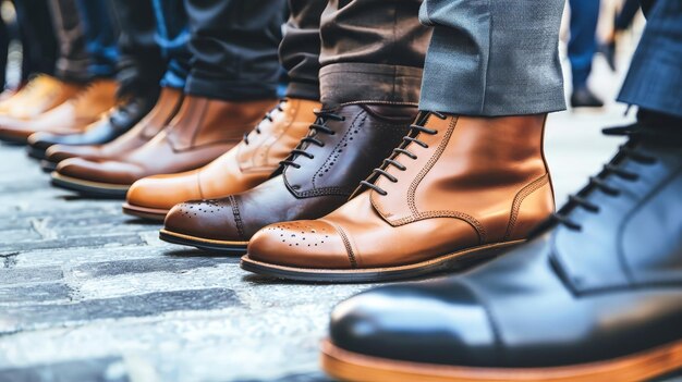 A row of mens business shoes neatly lined up on a cobblestone floor creating a stylish and sophisticated display