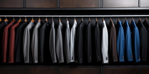 A row of mens suits hanging in a closet