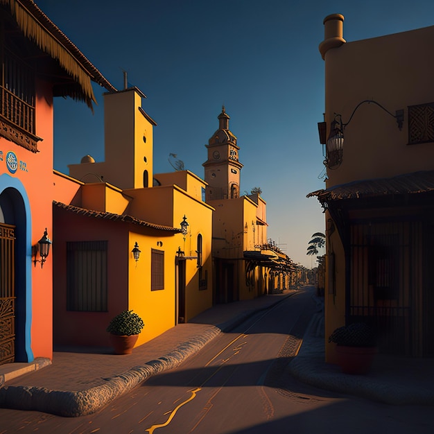 A row of mexican houses with daylight and blue sky