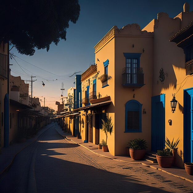 A row of mexican houses with daylight and blue sky