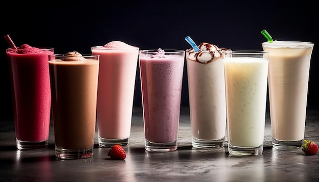 A row of milkshakes on a table