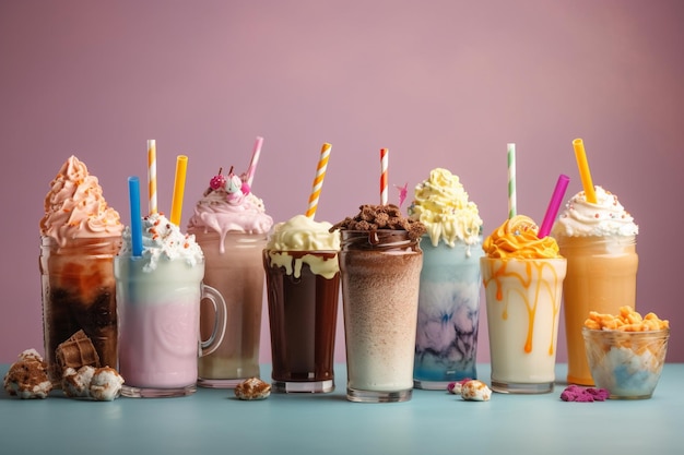 A row of milkshakes with different flavors on them