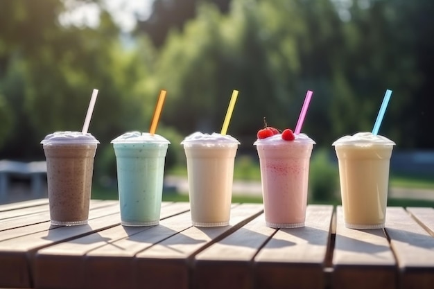 A row of milkshakes with straws on a table