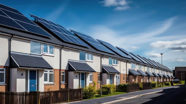 A row of modern building with solar panel on the rooftop