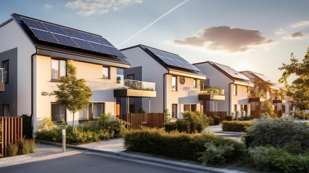 A row of modern building with solar panel on the rooftop