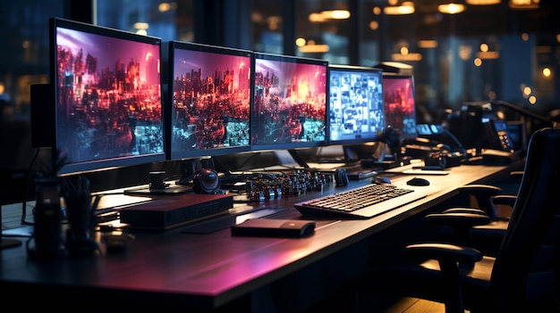 A row of monitors with screen