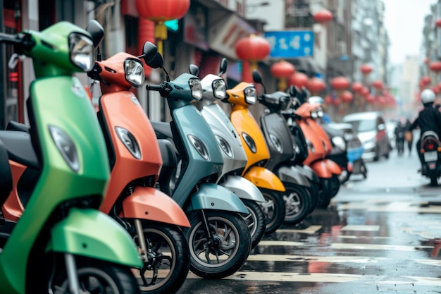 Row of motor scooters parked on street