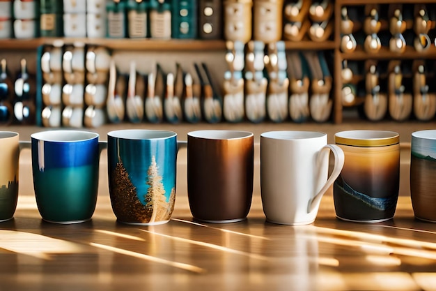 Photo a row of mugs with a design on the bottom.