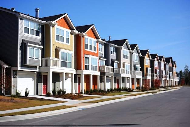 Photo a row of multi - story houses with a row of windows