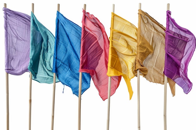 Photo row of multicolored flags on sticks a row of multicolored flags each attached to a stick waving in the breeze the flags are bright and vibrant on png transparent clear background