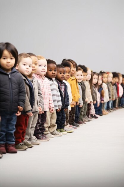 Foto fila di bambini multietnici seduti fianco a fianco guardando lontano isolati sullo sfondo grigio