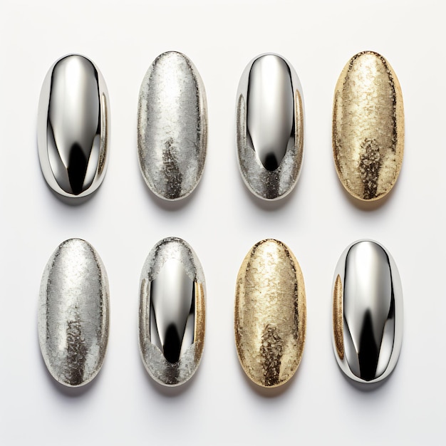 a row of nails with gold and silver on them