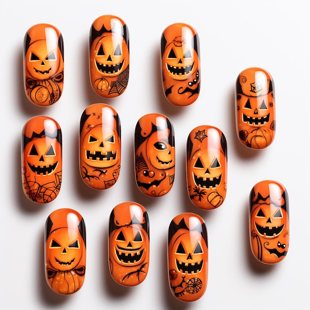 A row of nails with pumpkins on them