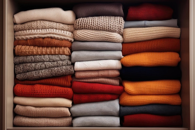 Row Of Neatly Folded Sweaters In Wardrobe Generative AI