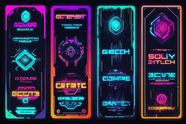 Photo a row of neon screens of different electronic devices