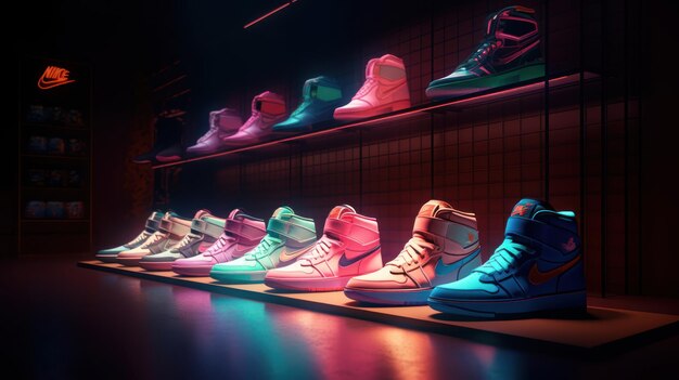 A row of nike shoes in a dark room