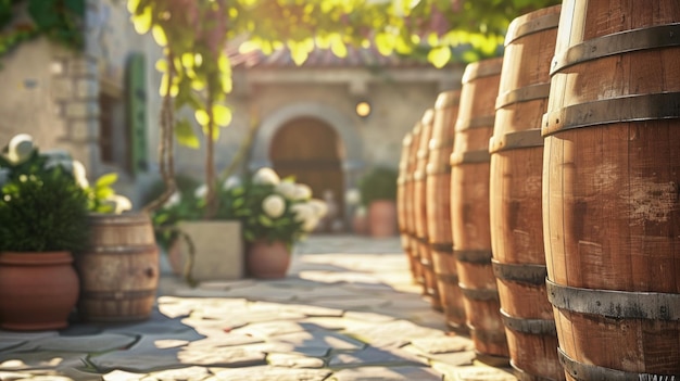 Photo row of oak wine barrels in a traditional winery courtyard with natural sunlight