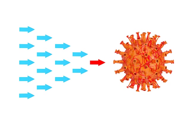 사진 흰색 배경에 안티바이러스 백신 공격 2019-ncov 코로나바이러스 바이러스로 하나의 빨간색이 있는 파란색 화살표의 행. 3d 렌더링