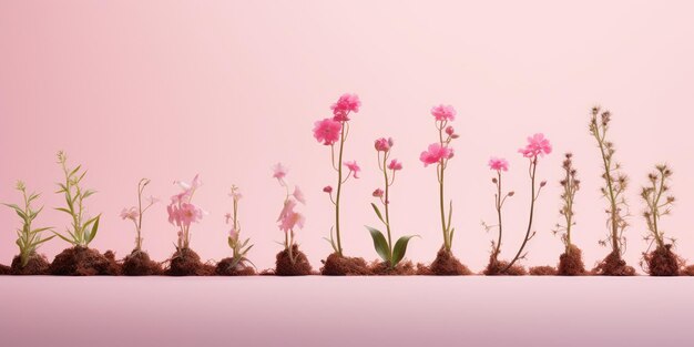 写真 ピンクの花の列がピンクの背景の泥に