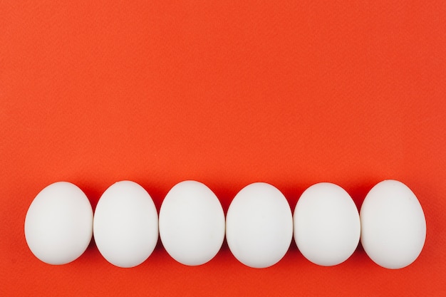 Фото Ряд белых куриных яиц на столе