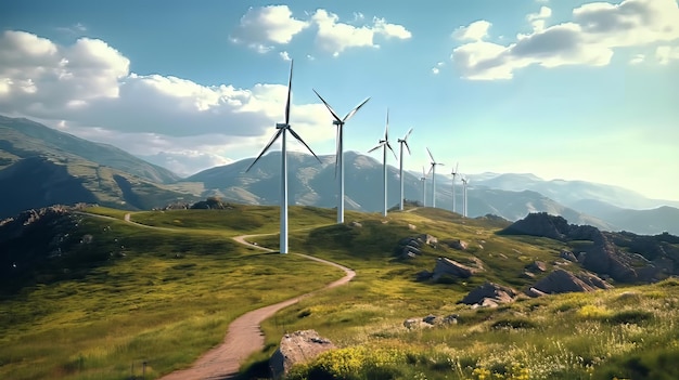 Фото Ряд ветряных турбин находятся на склоне холма с тропой, ведущей к ним концепция энергии ветра
