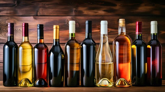 Фото Рядок винных бутылок, выровненных против деревянной стены