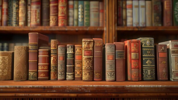 a row of old books are on a shelf with one that saysthe word  on the top