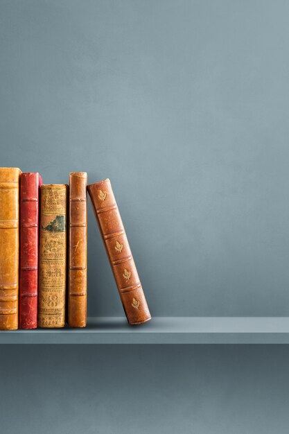 Row of old books on grey shelf. Vertical background scene