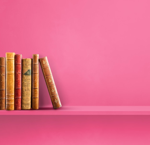 Row of old books on pink shelf. Square scene background