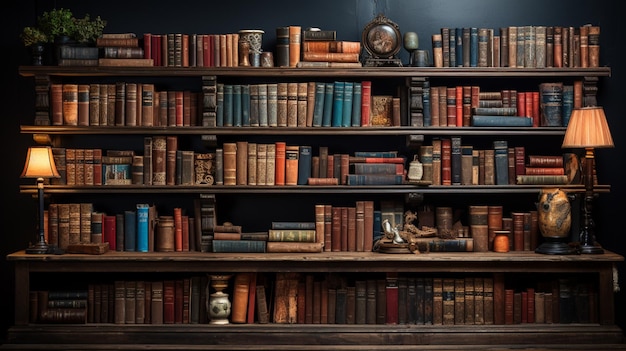Ряд старых учебников заполняет старинную книжную полку