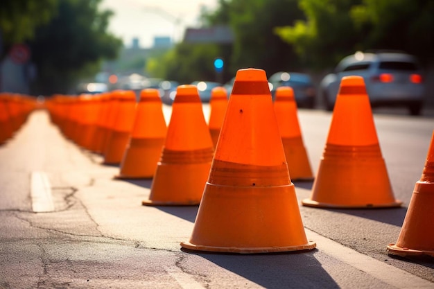 a row of orange cones on a street with the word " on them "