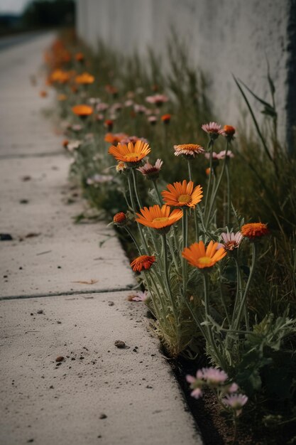 A row of orange flowers on a sidewalk