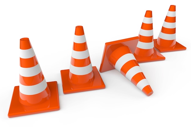 Photo row of orange plastic traffic cones on a white background