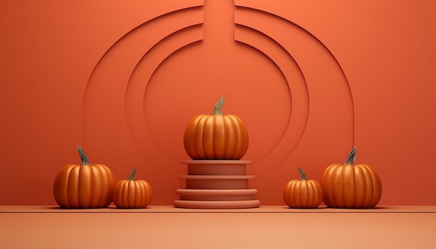 A row of orange pumpkins on a pedestal