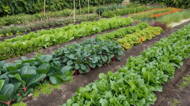 A row of organic vegetables in a garden