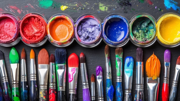 A row of paint brushes and tubes of paint are displayed on a table