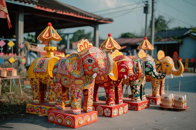 Photo a row of painted elephants sitting on the side of a road