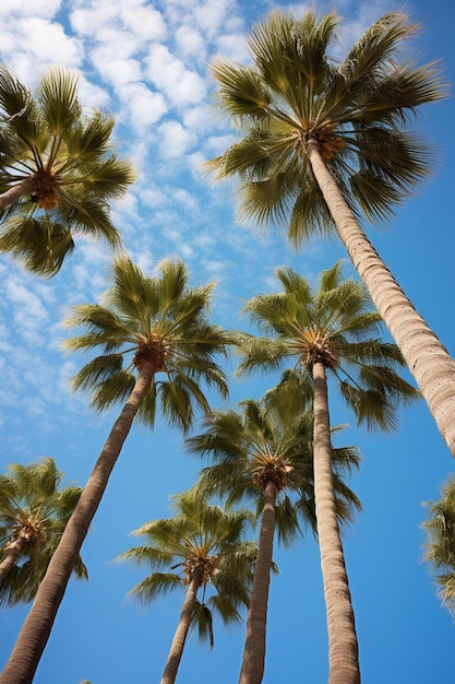 A row of palm trees with a blue sky in the background