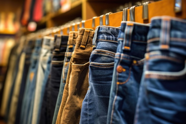 Row of pants denim jeans hanging in closet Jeans store in a shopping center Denim sales Generative AI illustration
