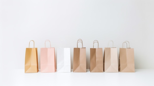 A row of paper bags with different colors are lined up in a row.