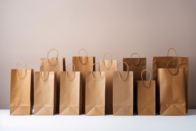 Photo row of paper shopping bags on beige background