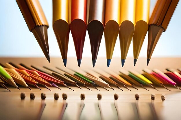 A row of pens with different colors are lined up on a table.