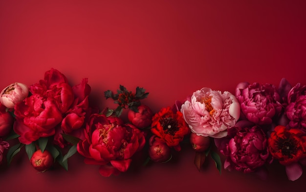 A row of peonies on a red background