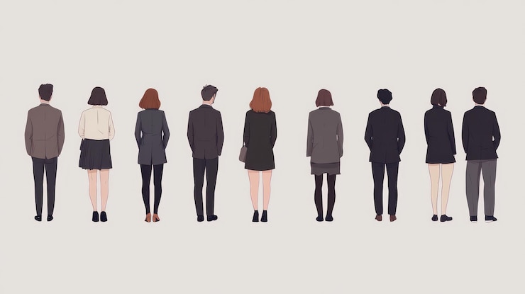 Photo 背中に立っている人々の列が様々な服を着ている