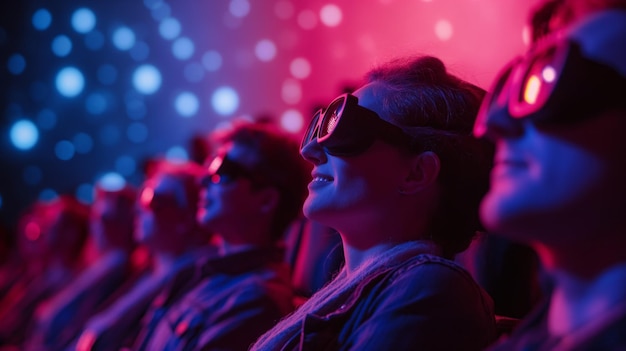 3D 안경을 착용 한 사람 들 의 줄 은 극장 에서 영화 에 몰두 하고 있다